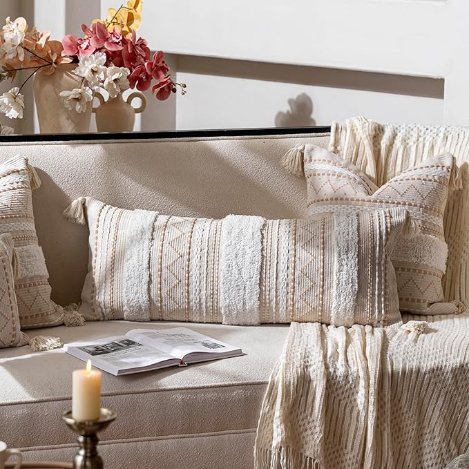 Cream Decorative Lumbar Throw Pillow Cover 14x36 Boho Long Cushion for Bed Neutral Accent Farmhouse Pillowcase for Bedroom Living Room Couch Sofa Home Décor (Cover ONLY, Pack of 1)