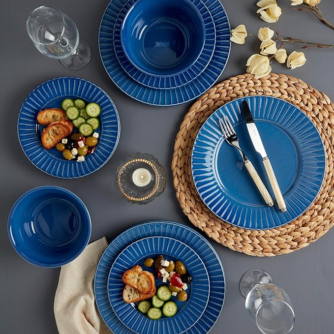 Tabletops Gallery Richmond 12-Piece Reactive Glaze Stoneware Dinnerware Set of Kitchen Dishes, Dinner Plates, Cereal Bowls, Service for 4, Blue