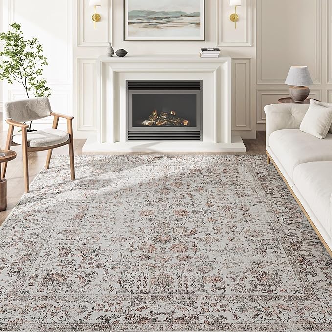 Red Area Rug 8x10 Machine Washable Large Vintage Living Room Distressed Non Slip Carpet Traditional Indoor Bedroom Retro Floral Accent Throw Rug for Office Kitchen Dining Room