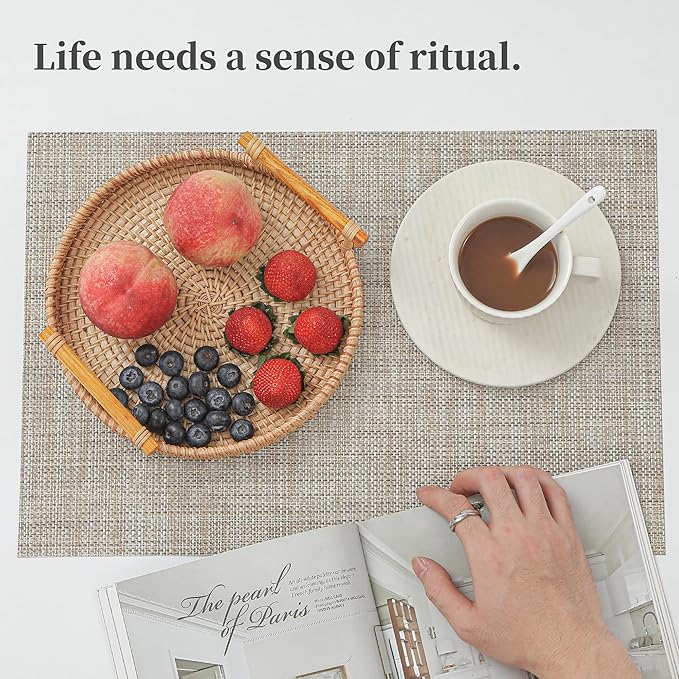 Leetaltree Linen Yellow Placemats Set of 12 - Heat Resistant Non-Slip Place mats for Dining Table, Washable Durable PVC Vinyl Woven Table Mats(Linen Yellow, 12)