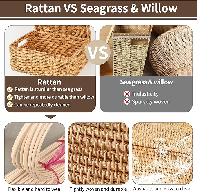 Rattan Basket With Lid, Large Lidded Basket For Storage(14.17" L×10.24"W×9.45"H)