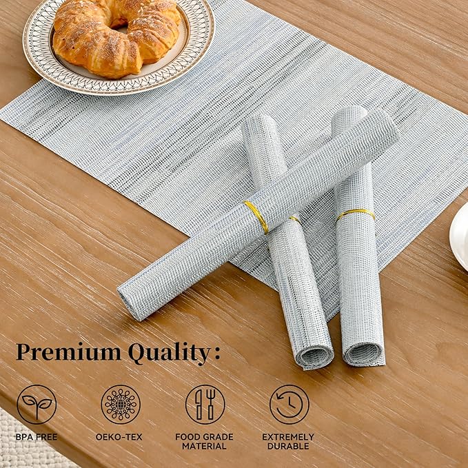 Leetaltree LightSteel Blue Placemats Set of 12 - Heat Resistant Non-Slip Place mats for Dining Table, Washable Durable PVC Vinyl Woven Table Mats(LightSteel Blue, 12)
