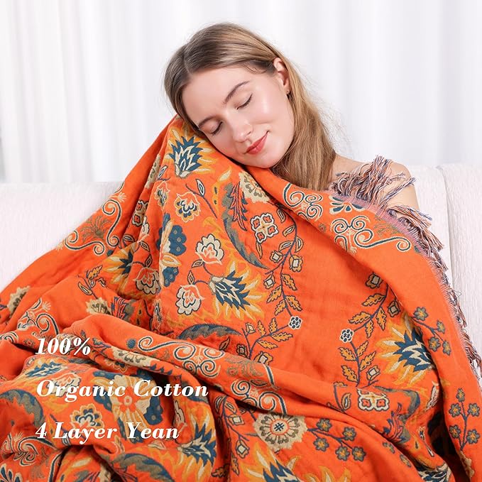 Boho Large Throw Blanket, 100% Organic Cotton Breathable Soft Bed Throw - Floral Farmhouse Decor Blanket for Sofa Couch Chair and Gift. 91" x 98"- Orange