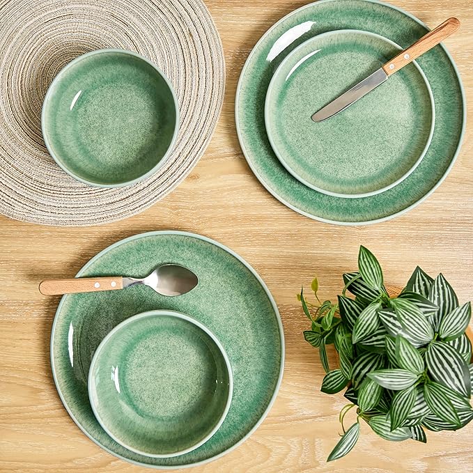 Sango Asher 12-Piece Stoneware Dinnerware Set – Service for 4, Modern Green with Reactive Glaze, Perfect for Everyday Dining & Entertainment, Microwave & Dishwasher Safe