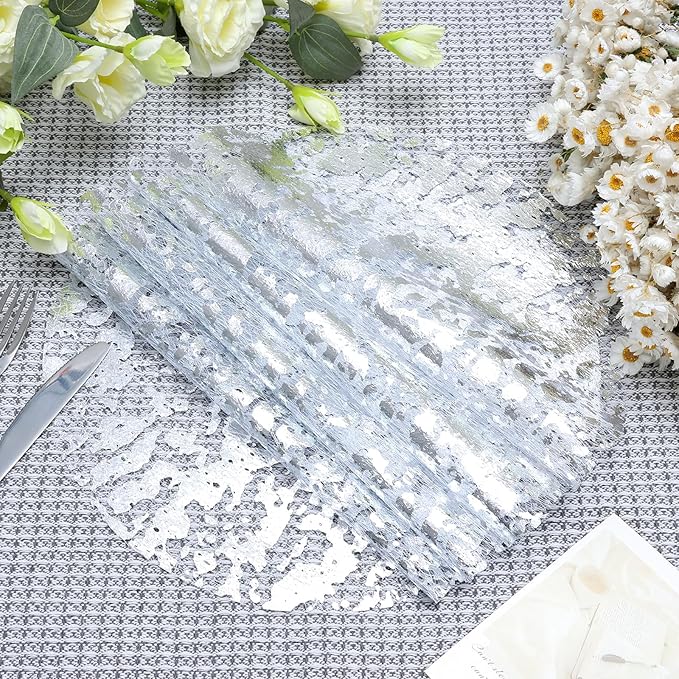 Sliver Placemats Disposable Round Table Mat 13 Inch Silver Foil Mesh Pressed Paper Placemat Sliver Tablecloths Table Runner for Party Wedding Home Dinners Table Decor (Silver, 50 Pcs)