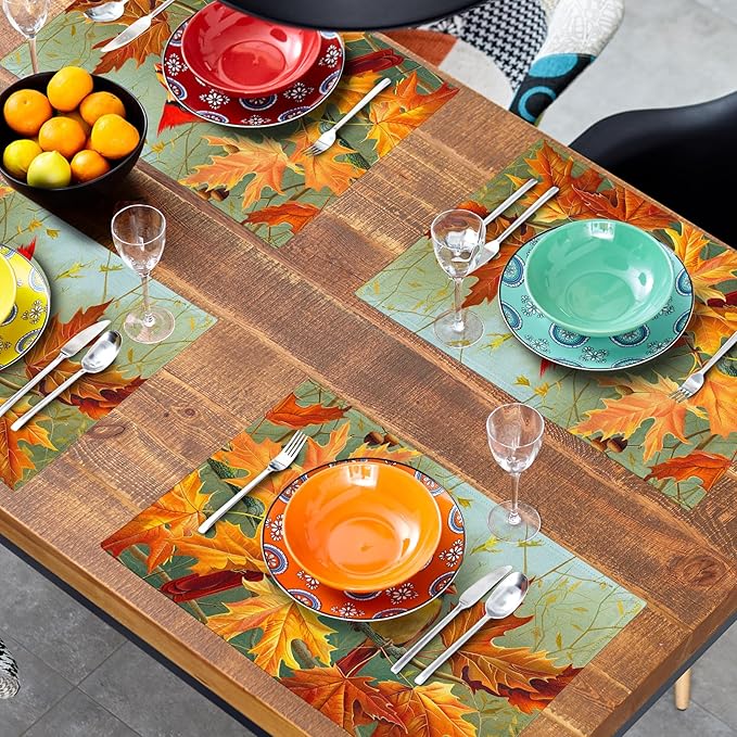 Giwawa Fall Birds Placemats Set of 4, 12"x18" Autumn Trees Maple Leaves Chestnuts Table Mats, Thanksgiving Harvest Heat Resistant Washable Linen Place Mat for Kitchen Dining Holiday Party Decor