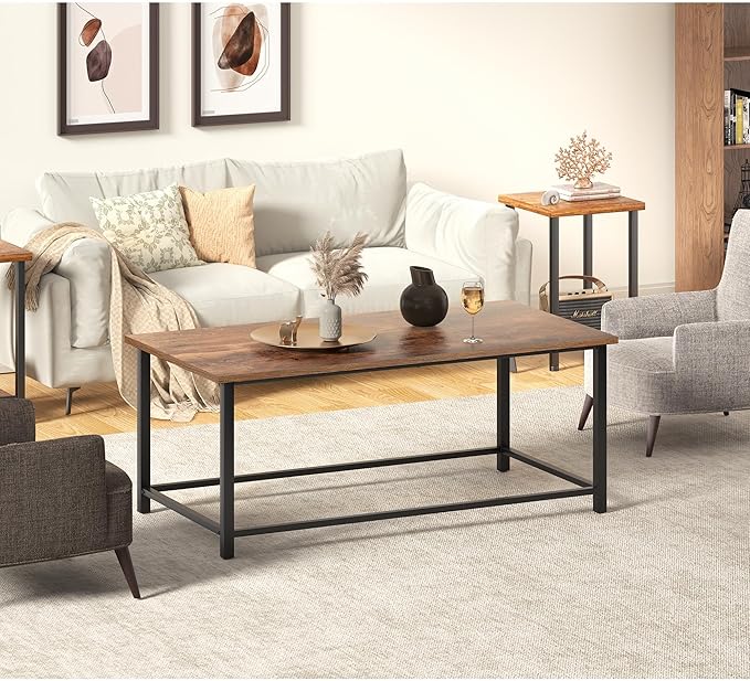 SENIG Coffee Table, Modern Industrial Style Rectangular Coffee Table, Brown Wood and Sturdy Metal Side End Table, Rustic Accent Functional Coffee Table for Living Room. 39.3 x 20 x 16