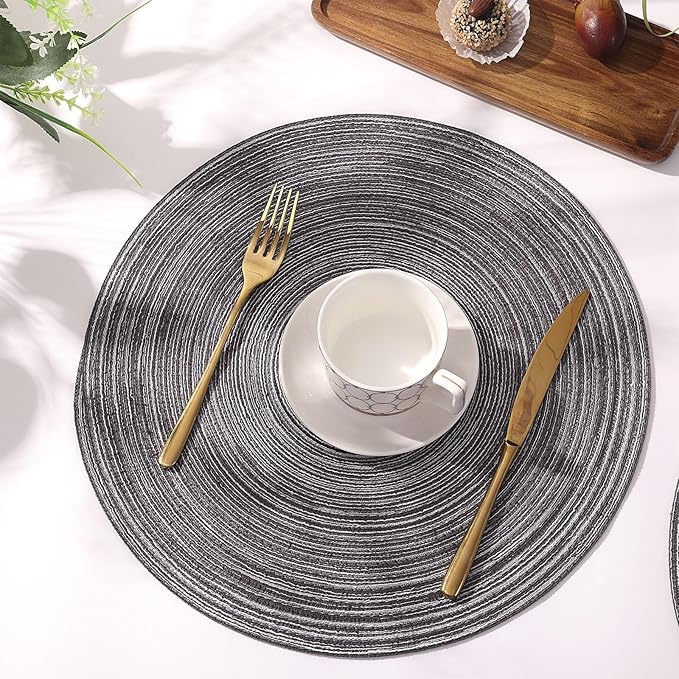 SHACOS Round Placemats Set of 4 Round Braided Placemats 15 inch Cotton Polyester Woven Table Placemats for Dining Table Holiday Party (Black Grey, 4)