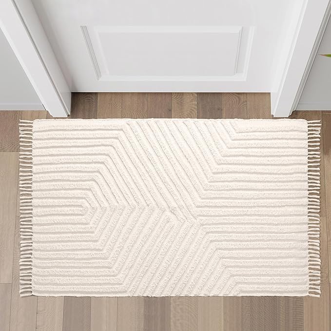 Boho Bathroom Rug 2' x 3', Washable Hand-Woven Tufted Cotton Rug with Tassels for Entryway, Foyer, Bedroom, or Kitchen - Pestal Linen