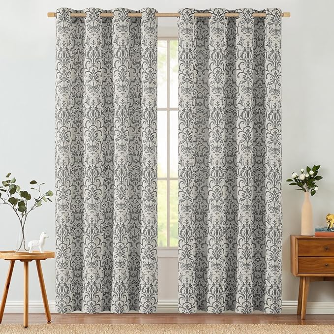 jinchan Linen Curtains for Bedroom Grey Damask Patterned Curtains 72 Inches Long for Living Room Light Filtering Vintage Baroque Style Drapes Grommet Window Treatments 2 Panels Set