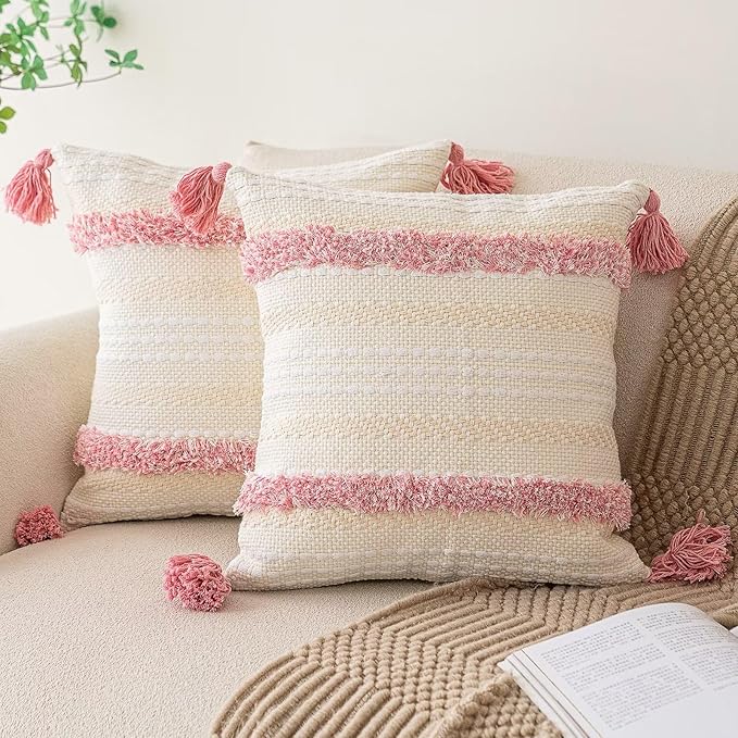 Boho Throw Pillow Covers 18x18 Set of 2 Woven Tufted Farmhouse Pillows Cover with Tassels Textured Striped Cushion Case Neutral Pillow Cases Decorative Pillowcase for Sofa, Couch, Bed, Pink