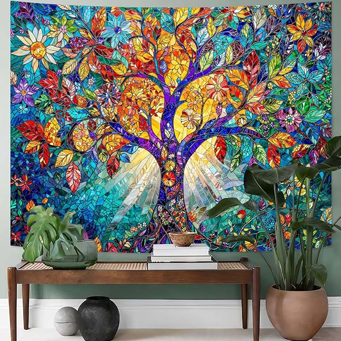 Lunerfex Tree of Life Tapestry Stained Glass Tapestry Wall Decor Tapestries for Bedroom Art Tapestries Wall Hanging for Bedroom Living Room Glass-Tree-02 70"x90"
