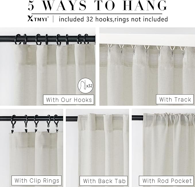 Extra Wide Curtains 70 In Width for 60 & 72 Inch Window,Pleated Back Tab Linen Semi Sheer Full Length Curtains for Living Room Sliding Glass Door 2 Panel Set,72x108,70x108,6FT x 108 Inches Long,Cream