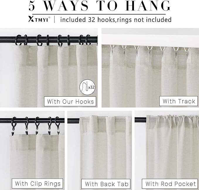 XTMYI 86 Inch Linen Curtains,2 Panels Set Semi Sheer Boho Back Tab Pleated Rod Pocket Curtain Drapes for Living Room Bedroom,Cream Ivory,40x86 in Long