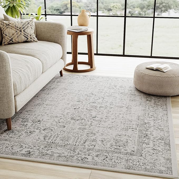 Gray Area Rug 3x5 Office Entryway Rug Machine Washable Kitchen Vintage Distressed Non Slip Carpet Indoor Grey Retro Floral Accent Throw Door Mat for Bathroom Bedroom Dining Living Room