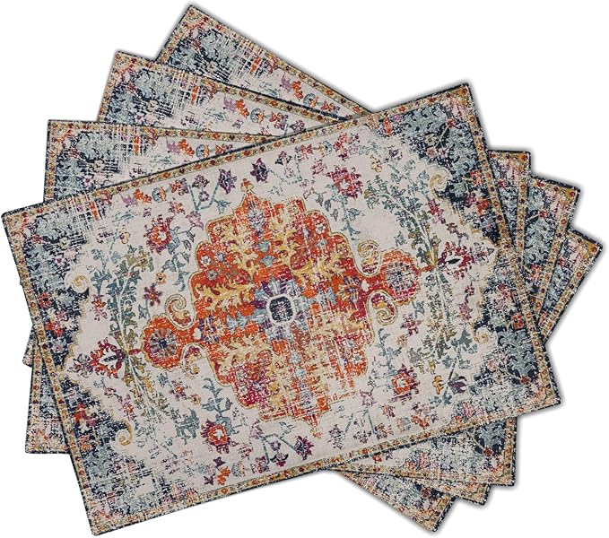 Boho Carpet Placemats Set of 4 Vintage Orange Blue Ethnic Bohemian Floral Carpet Linen Washable Kitchen Dining Table Mats Stain Heat-Resistant Desktop Decor Place Mats for Home Party Indoor 12x18 in