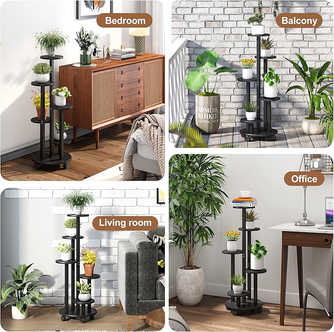 FILWH Plant Stand For Outdoor Indoor Tall Bamboo Flower Stand with Wheels Plant Shelf Pot Holder Plants Corner Display Rack for Balcony Garden Patio(Black)