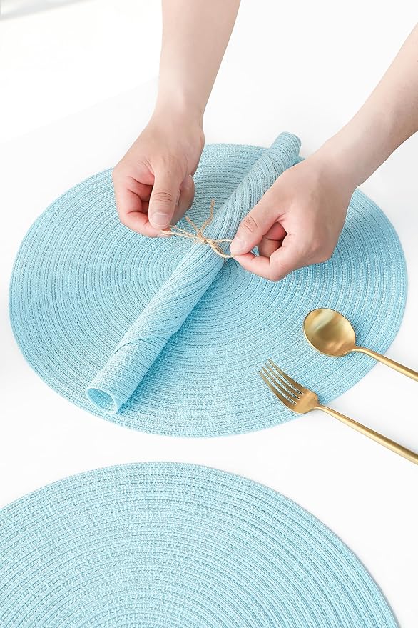 Floroom 15 Inch Round Braided Placemats Set of 4, Washable Heat Resistant Cotton Polyester Circle Place Mats for Kitchen Dining Table - Light Blue