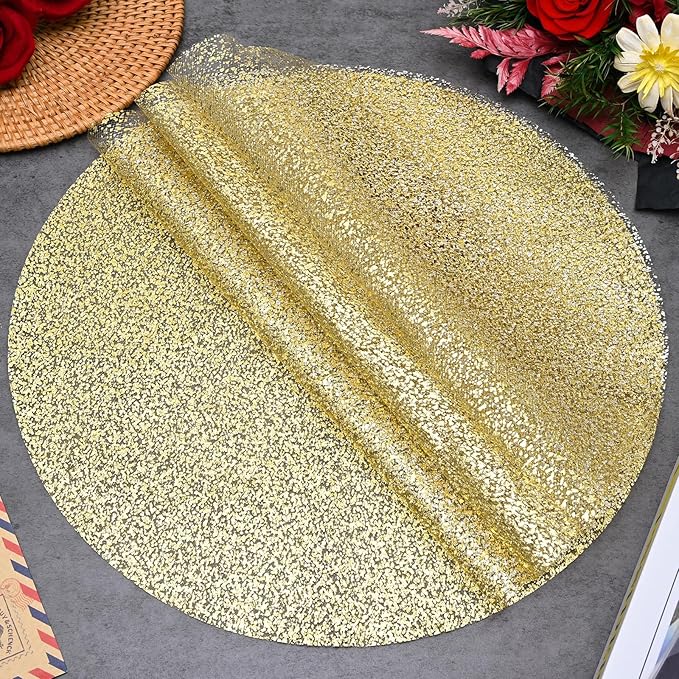 100 Piece Gold Placemats 13 Inch Disposable Gold Foil Place Mats Round Mesh Pressed Paper Placemat Elegant Wedding Table Mats for Birthday Party, Church Banquet, Dinners, Dining Room, Table Decor