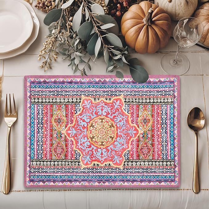Maison d' Hermine Placemats Set of 4 100% Cotton Washable Cloth Place Mats, Reusable Table Mats for Kitchen Dining Decoration, Party, Wedding, Restaurant (Ispahan, 13" x 19")