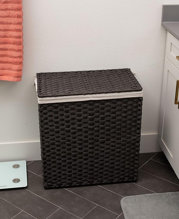 BIRDROCK HOME Laundry Hamper with Lid - Hand Woven PE Rattan Divided Sorter with Removable Liner Bags - Large Collapsible & Foldable Bin Clothes Basket Organizer for Bedroom & Bathroom - Double, Brown
