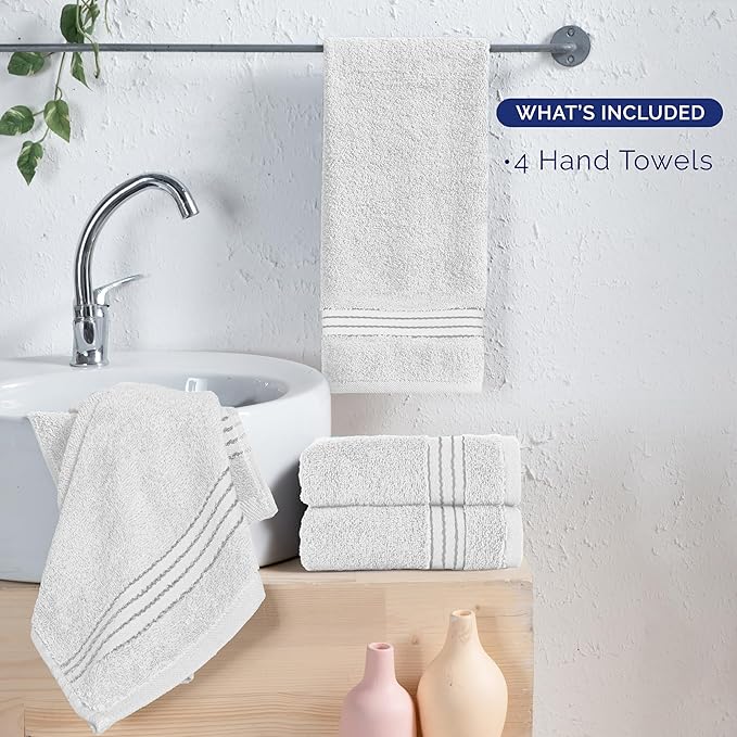 Elegant Comfort Premium Turkish Cotton 4 Pack Hand Towel Set - 16 x 28 inch, Luxurious Hotel Spa Quality 100% Turkish Cotton 4PC Hand Towel Set - Highly Absorbent - Soft Bathroom Towels, White/Gray