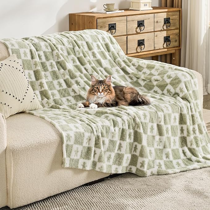 EMME Checkered Blanket Twin Size - 60"x80" Green Knit Blanket Soft Fluffy Patterned Throw Blankets for Couch, Sofa, Chair, Bed, Camping, Picnic, Travel