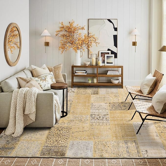 Tan Beige 8x10 Washable Large Area Rugs for Living Room,Geometric Boho Rug for Bedroom