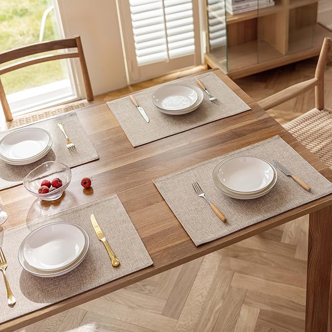 Demetex Linen Placemats Set of 4 Heat Resistant Wipeable Cloth Table Place Mats for Dining Table Indoor Restaurants, 13 x 19 inches, Linen