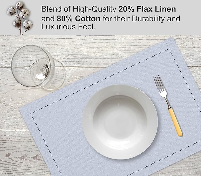 Ruvanti Linen Placemats Set of 6-13x19 Inch, Classic Hemstitch, Heat Resistant Machine Washable Place Mats, Soft & Elegant- Perfect for Christmas, Thanksgiving, Easter, Wedding, Dinner - Arctic Ice