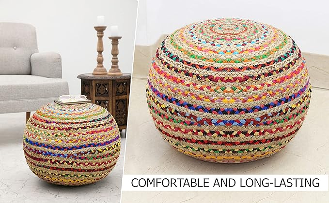 COTTON CRAFT Jute Chindi Pouf Ottoman – One of a Kind Jute Cotton Braided Moroccan Boho Kilim Foot Stool Bean Bag Accent Seating – Bedroom Dorm Kids Room Rustic Decorative Round Pouf – 18x14 - Multi