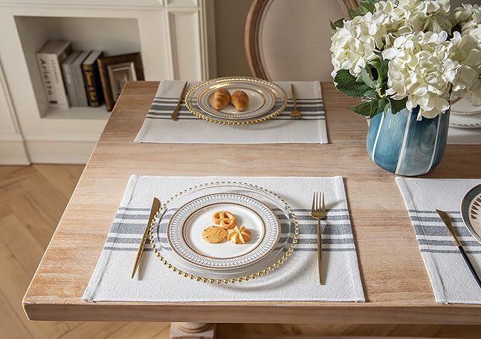 Placemats Set of 4 for Dining Table, Woven Cloth Place Mats for Kitchen Tabletop Décor, Handcrafted Machine Washable Cotton Table mats 13 x 19 Inch, Grey and Beige
