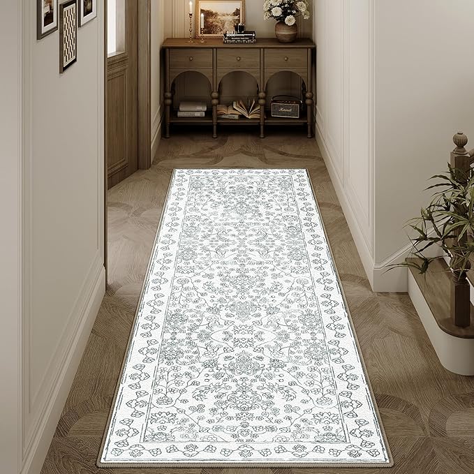 Floral Runner Rug 2x8 Hallway Washable Blue Kitchen Carpet Non Slip Boho Thin Farmhouse Throw Accent Long Rug for Laundry Bathroom Office Bedroom