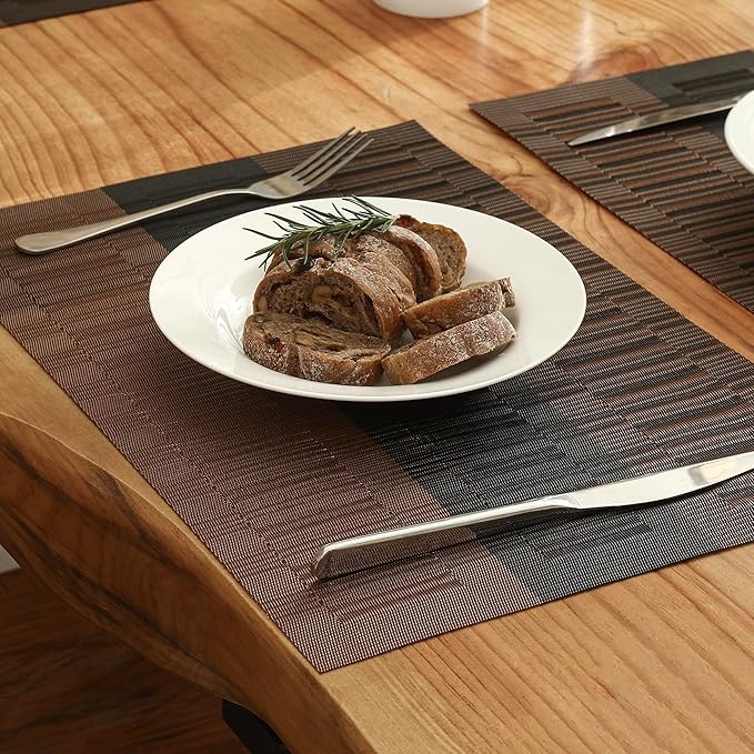 Leetaltree Brown with Black Striped Placemats Set of 12 - Heat Resistant Non-Slip Place mats for Dining Table, Washable Durable PVC Vinyl Woven Table Mats(Brown Stripe, 12)