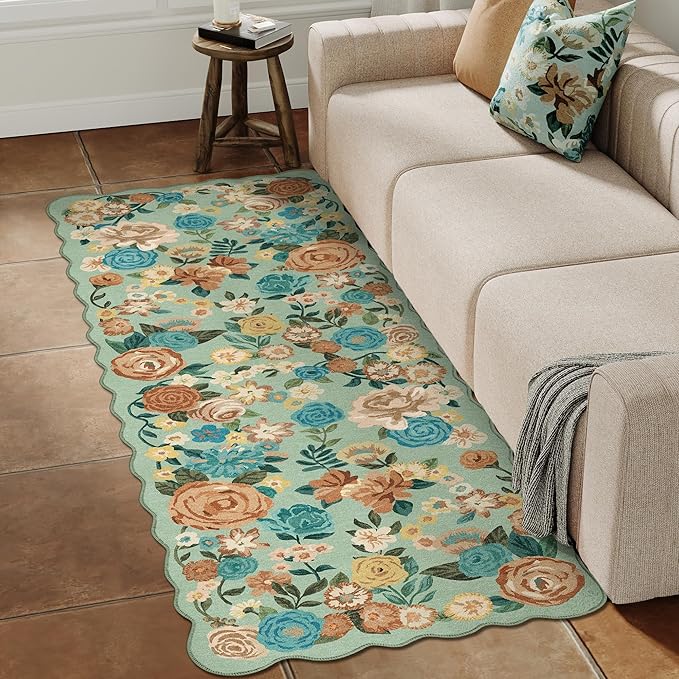Washable Floral Runner Rug 2x6 Green Hallway Carpet Scalloped Flower Non Slip Soft Long Kitchen Runner Farmhouse Low Pile Thin Indoor Floor Cover for Bathroom Bedroom Laundry Room Entryway