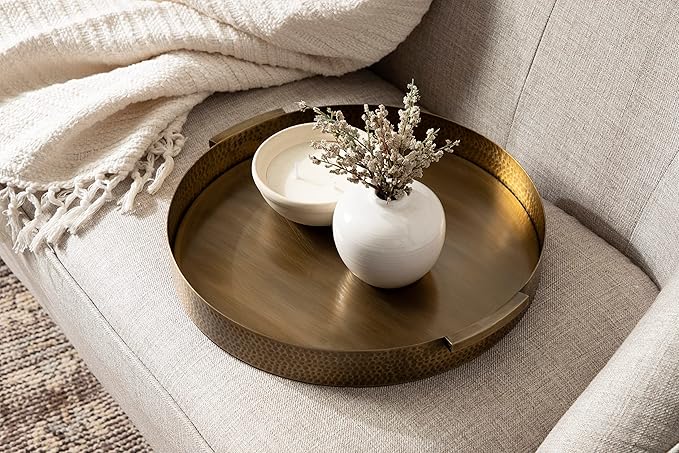 Kate and Laurel Samana Modern Glam Round Metal Tray, 17 Inch Diameter, Antique Brass, Circular Polished Decorative Tray with Hammered Surface and Minimalist Handles