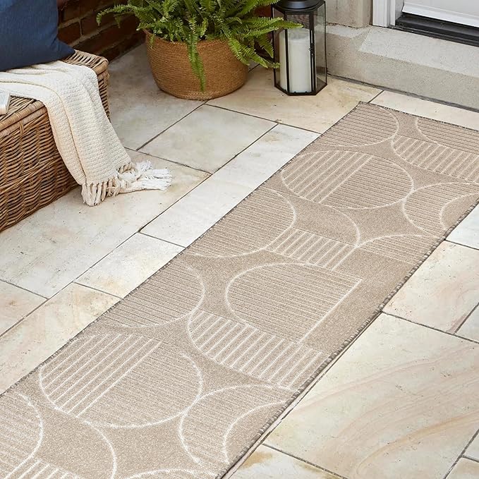 JONATHAN Y SCN104E-28 Nordby High-Low Geometric Arch Scandi Striped Beige/Cream 2 ft. x 8 ft. Indoor/Outdoor Runner Rug for Patio, Backyard, Living Room, Bedroom, Office, Hose-Washable