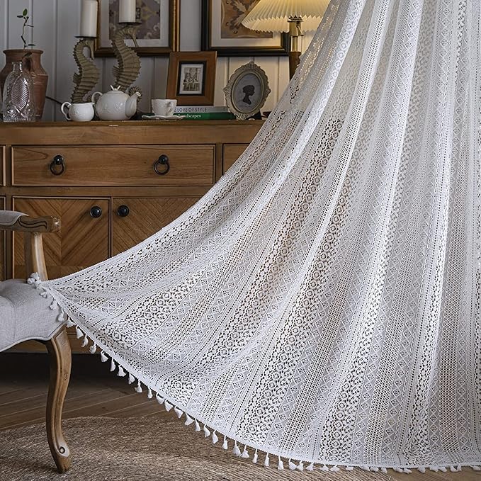 Boho Sheer Lace Curtain Crochet Vintage with Handmade Macrame Tassel Knitted Window Treatment Drape for Bedroom Living Room Kitchen (1 Panel Crochet White, 59"x 84")