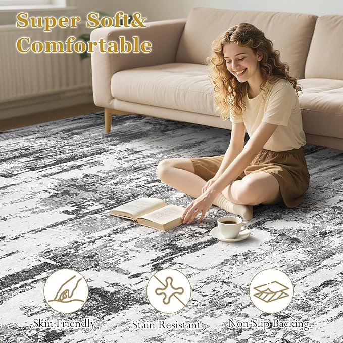 Area Rugs for Living Room: 6x9 Abstract Washable Rug Modern Neutral Large Soft Stain Resistant Non-Slip Backing Machine Table for Bedroom Dining Room Indoor Home Office Carpet - Black Grey