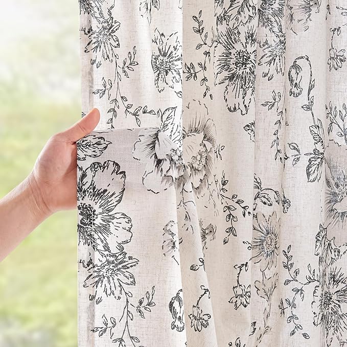jinchan Linen Blend Curtain Floral Curtains for Living Room 120 Inch Length Black Printed Curtain Rod Pocket Back Tab Farmhouse Peony Flower Patterned Drapes Bedroom Window Curtains Set 2 Panels