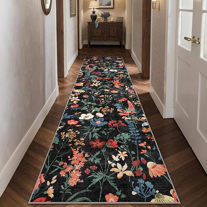 Floral Runner Rug 2x12 Washable Hallway Long Black Bedroom Carpet Non Slip Indoor Boho Kitchen Low Pile Accent Rug Lightweight Soft for Bathroom Dining Laundry Living Room