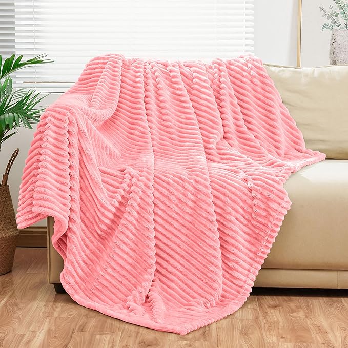 Bnuitland Light Pink Flannel Throw with Storage Pouch,300GSM Super Soft Fleece Stripe Pattern Sofa Blanket for Adults and Kids, Lightweight Cozy Bed Throw for Home Decor All Season