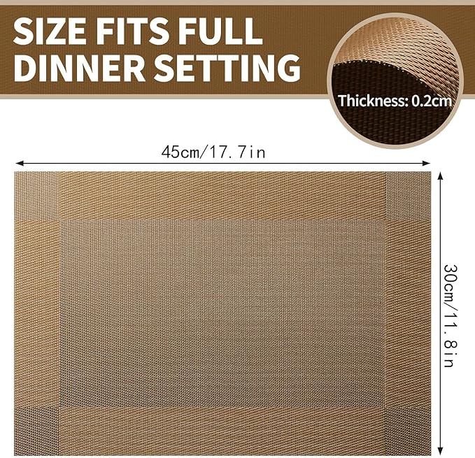 Brown Placemats Set of 8-Durable PVC Vinyl Woven Place Mats for Dining Table Heat Resistant Non-Slip Washable Indoor/Outdoor Table Mats 12 x 17 inch