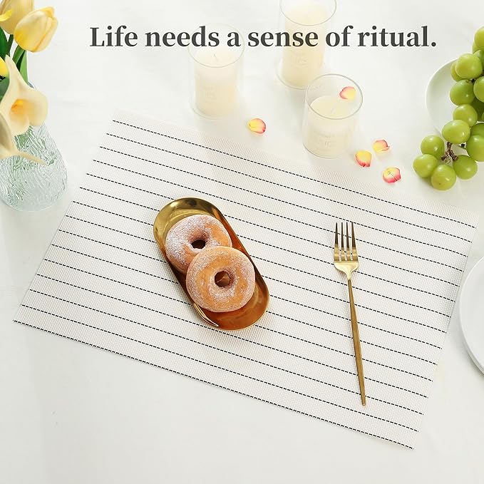 Leetaltree White with Black Stripes Placemats Set of 4 - Heat Resistant Non-Slip Place mats for Dining Table, Washable Durable PVC Vinyl Woven Table Mats(White Stripes, 4)