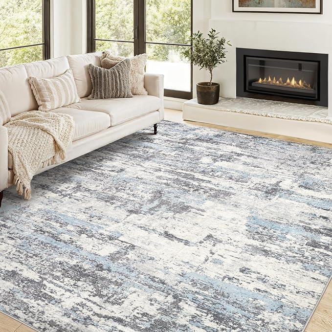 Area Rugs for Living Room: 6x9 Abstract Washable Rug Modern Neutral Large Soft Stain Resistant Non-Slip Backing Machine Table for Bedroom Dining Room Indoor Home Office Carpet - Blue Grey