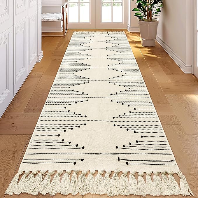 Tritard Boho Hallway Runner Rug 2x8 - Washable Area Rug Farmhouse Aztec Cotton Long Lightweight Rugs with Tassels Kitchen Bathroom Woven Low Pile Thin Carpet for Entryway, Bedroom, Beige Cream