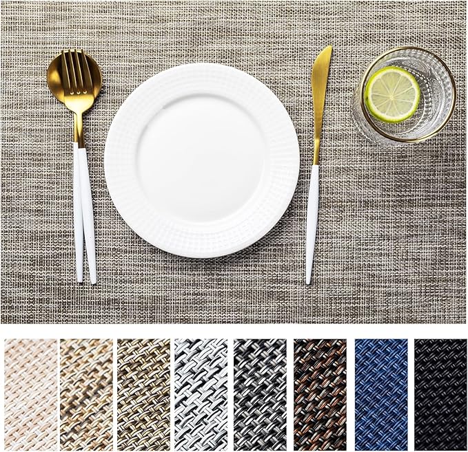 LEXMORE PVC Woven Placemats 12 PCS Wipeable Indoor/Outdoor Table Mats Washable Vinyl Place Mats for Dining Table, Set of 12-Cappuccino