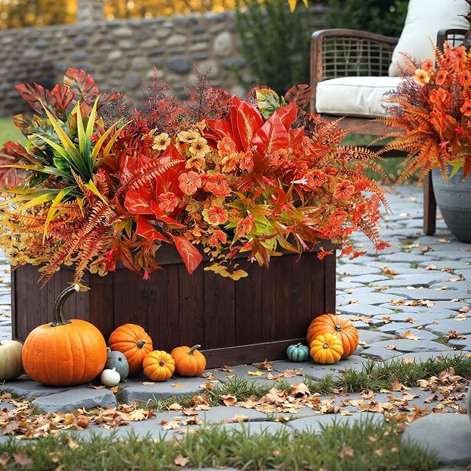 20 Bundles Artificial Fall Flowers for Outdoor Decoration, Fake Plants Faux Mums Flowers UV Resistant Daisy Boston Fern Fall Stems for Autumn Planters Window Box Garden Porch Indoor Home Decor