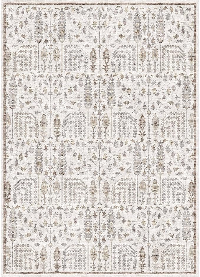 Area Rug 5x7 Washable Taupe Carpet Non Slip Large Boho Thin Floral Farmhouse Throw Accent Rug for Living Room Bedroom Office Kitchen Bathroom