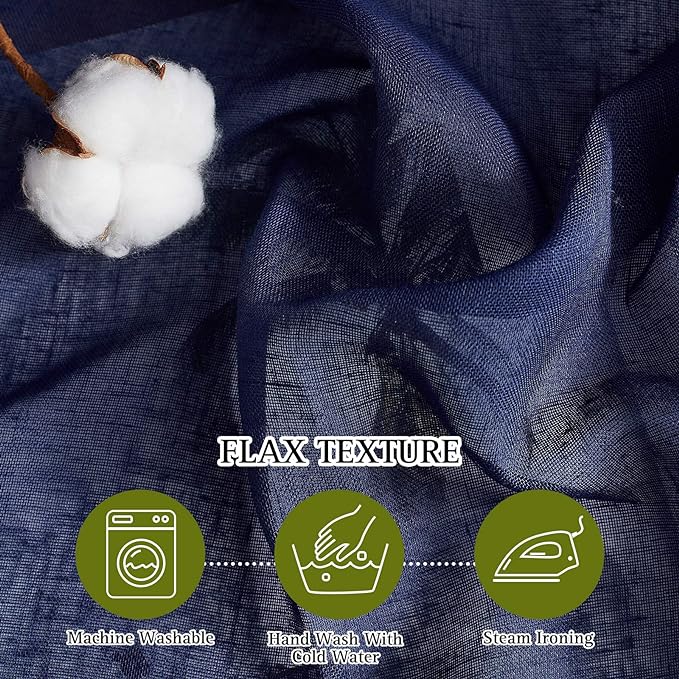 NICETOWN Linen Textured Sheer Bedroom Window Curtains, Grommet Semitransparent Vintage Natural Open Linen Wave Privacy Sheer Draperies for Hall/Villa, Dark Blue, 52W by 84L, Set of 2